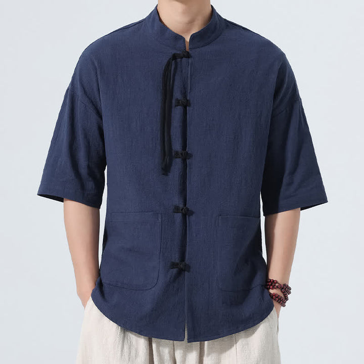 Buddha Stones Chemise d'été décontractée pour homme, style Tang, col mandarin, boutons brandebourg, manches trois-quarts, avec poche - Marine - US/UK/AU46，EU56 (5XL) - image 0