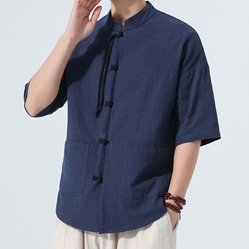 Buddha Stones Chemise d'été décontractée pour homme, style Tang, col mandarin, boutons brandebourg, manches trois-quarts, avec poche - image 3