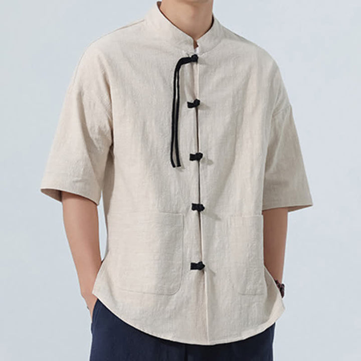 Buddha Stones Chemise d'été décontractée pour homme, style Tang, col mandarin, boutons brandebourg, manches trois-quarts, avec poche - image 21