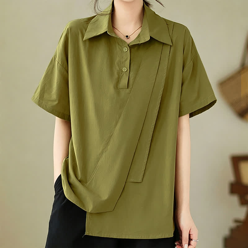 Buddha Stones Chemises à manches courtes pour femmes, style minimaliste décontracté d'été, boutonnées, à manches courtes, unies, asymétriques et superposées. - JauneVert - US14，UK/AU18，EU46 (3XL) - image 0