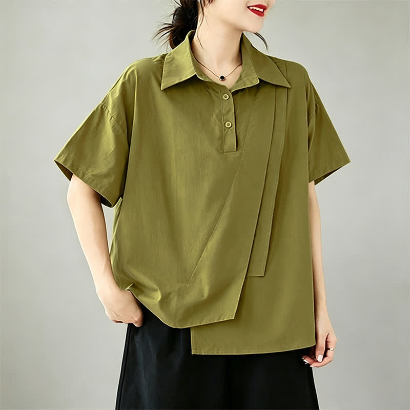 Buddha Stones Chemises à manches courtes pour femmes, style minimaliste décontracté d'été, boutonnées, à manches courtes, unies, asymétriques et superposées. - image 3