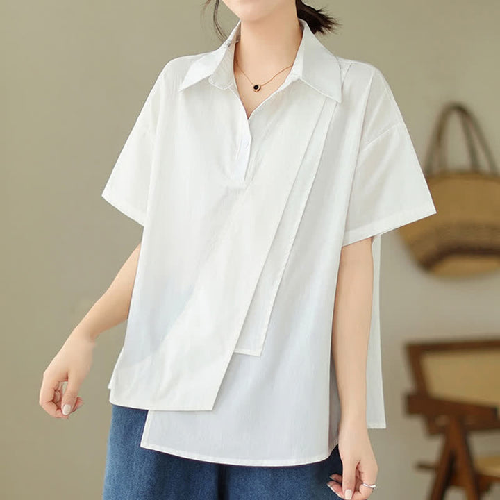 Buddha Stones Chemises à manches courtes pour femmes, style minimaliste décontracté d'été, boutonnées, à manches courtes, unies, asymétriques et superposées. - image 19
