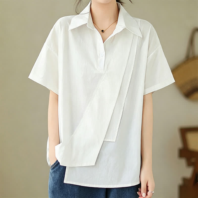 Buddha Stones Chemises à manches courtes pour femmes, style minimaliste décontracté d'été, boutonnées, à manches courtes, unies, asymétriques et superposées. - Blanc - US14，UK/AU18，EU46 (3XL) - image 16