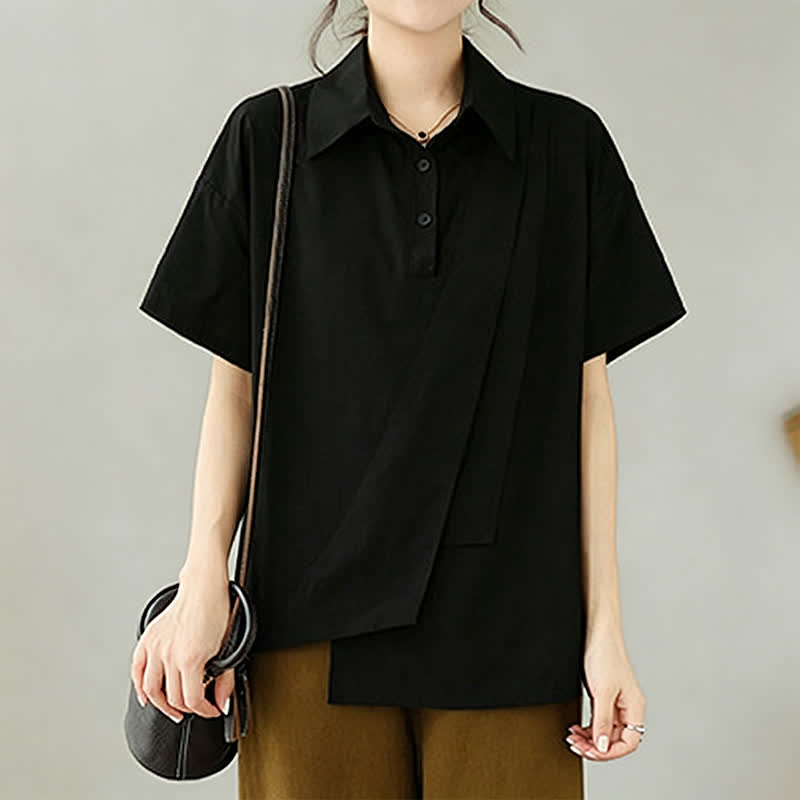Buddha Stones Chemises à manches courtes pour femmes, style minimaliste décontracté d'été, boutonnées, à manches courtes, unies, asymétriques et superposées. - image 13