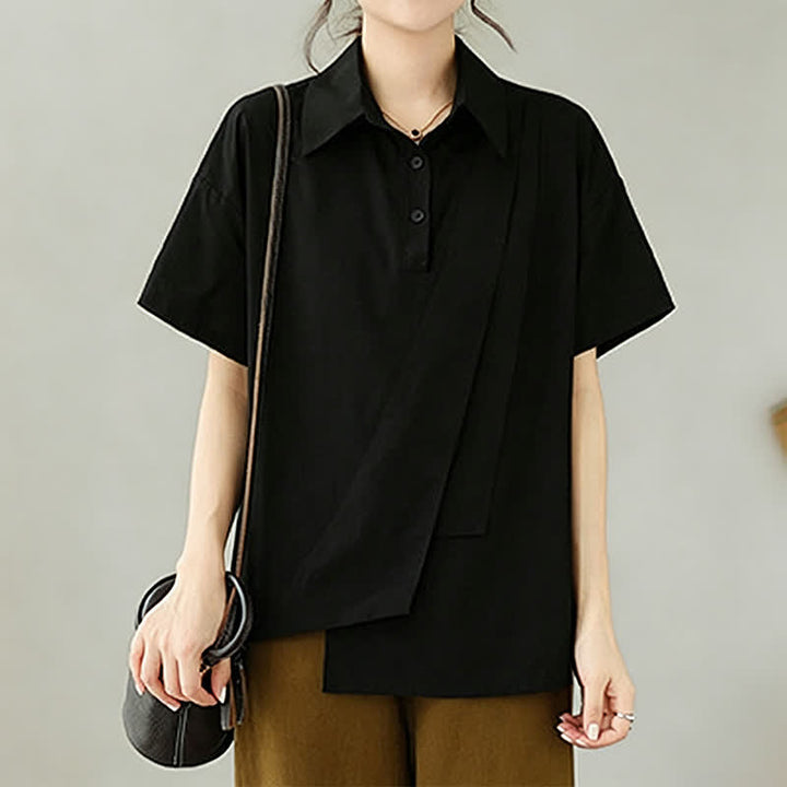 Buddha Stones Chemises à manches courtes pour femmes, style minimaliste décontracté d'été, boutonnées, à manches courtes, unies, asymétriques et superposées. - image 13