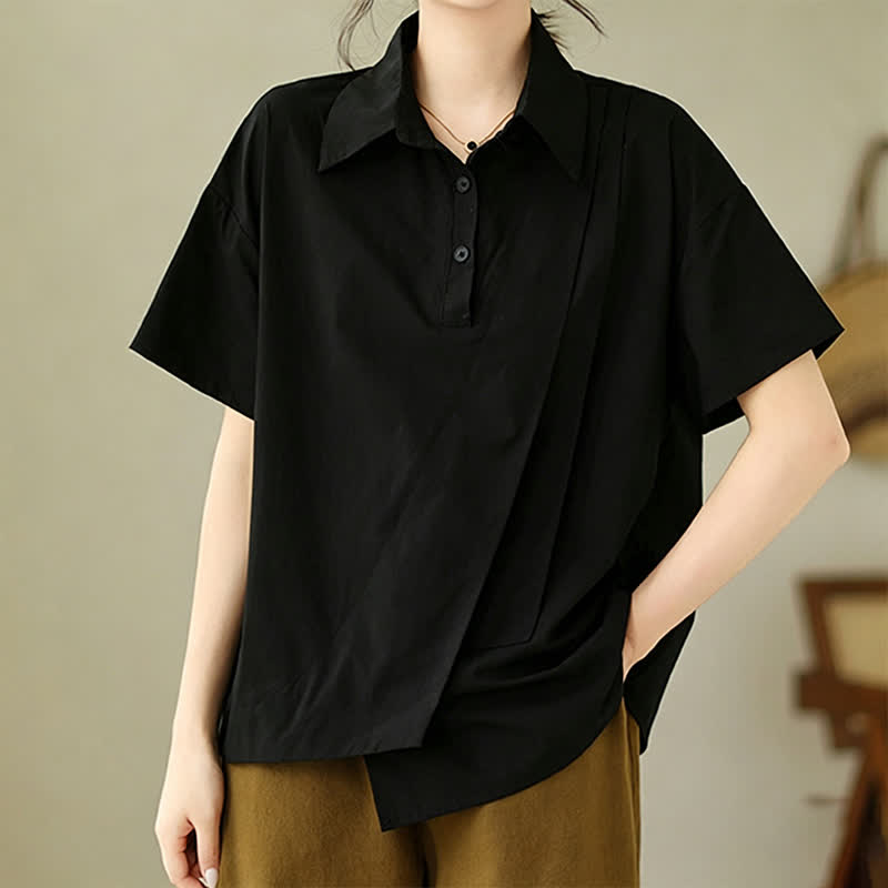 Buddha Stones Chemises à manches courtes pour femmes, style minimaliste décontracté d'été, boutonnées, à manches courtes, unies, asymétriques et superposées. - image 11