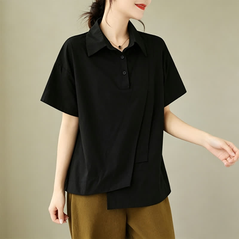 Buddha Stones Chemises à manches courtes pour femmes, style minimaliste décontracté d'été, boutonnées, à manches courtes, unies, asymétriques et superposées. - image 10