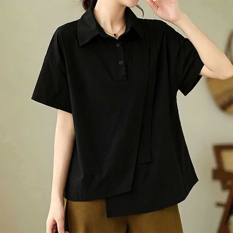 Buddha Stones Chemises à manches courtes pour femmes, style minimaliste décontracté d'été, boutonnées, à manches courtes, unies, asymétriques et superposées. - Noir - US14，UK/AU18，EU46 (3XL) - image 9
