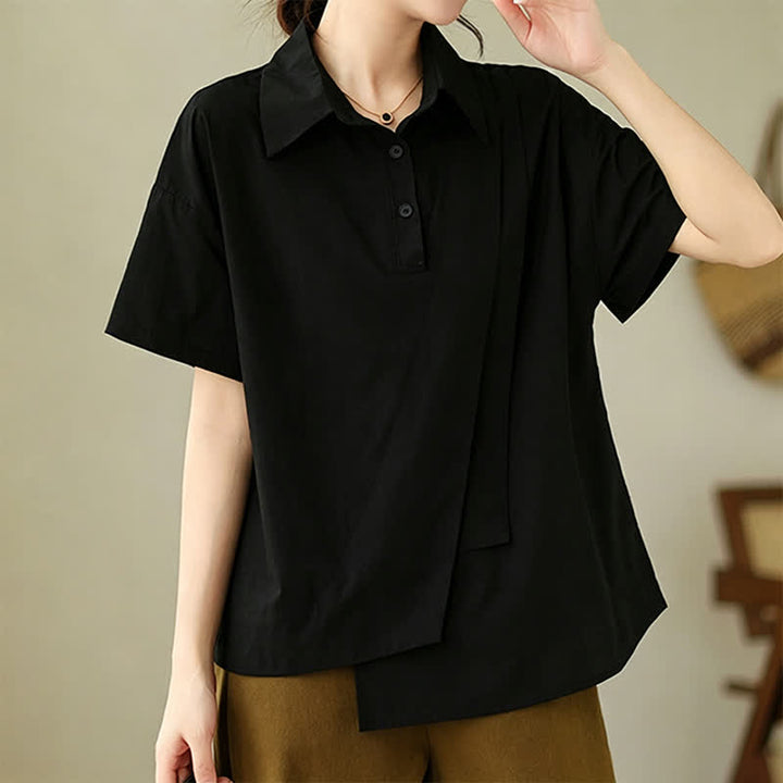 Buddha Stones Chemises à manches courtes pour femmes, style minimaliste décontracté d'été, boutonnées, à manches courtes, unies, asymétriques et superposées. - Noir - US14，UK/AU18，EU46 (3XL) - image 9