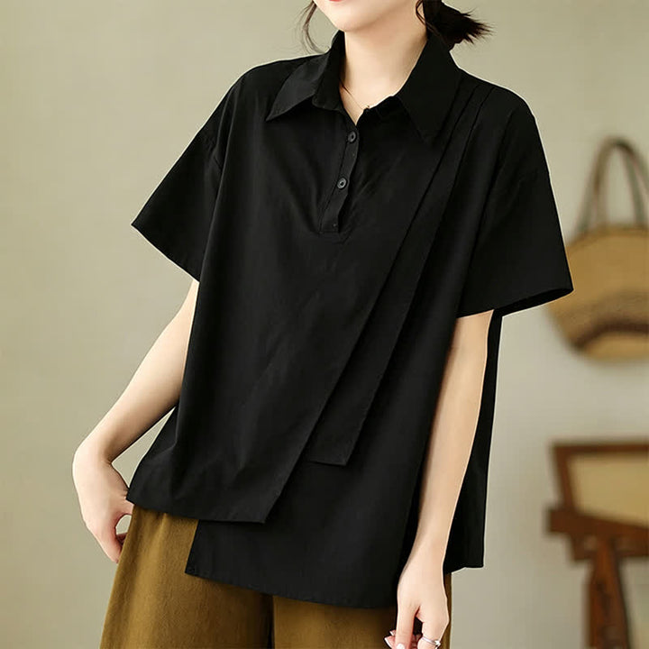 Buddha Stones Chemises à manches courtes pour femmes, style minimaliste décontracté d'été, boutonnées, à manches courtes, unies, asymétriques et superposées. - image 12