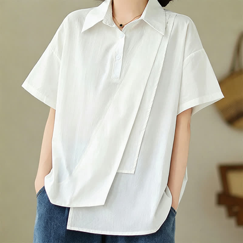 Buddha Stones Chemises à manches courtes pour femmes, style minimaliste décontracté d'été, boutonnées, à manches courtes, unies, asymétriques et superposées. - image 22