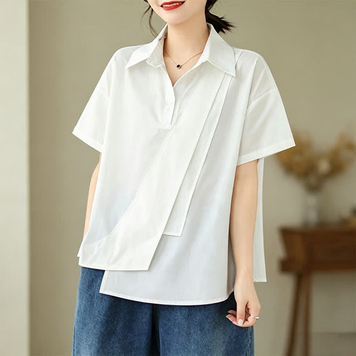 Buddha Stones Chemises à manches courtes pour femmes, style minimaliste décontracté d'été, boutonnées, à manches courtes, unies, asymétriques et superposées. - image 17