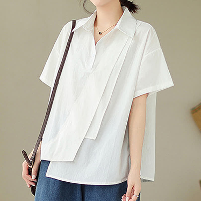 Buddha Stones Chemises à manches courtes pour femmes, style minimaliste décontracté d'été, boutonnées, à manches courtes, unies, asymétriques et superposées. - image 20