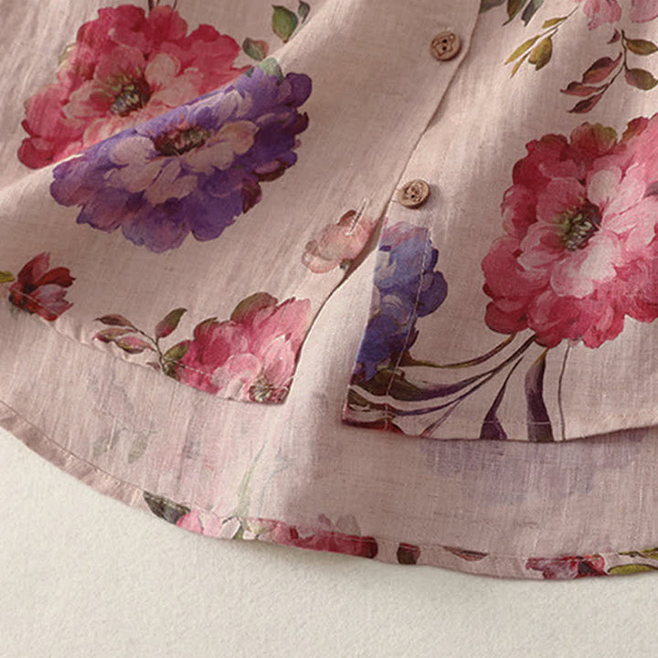 Buddha Stones Chemises à manches courtes pour femmes, style bohème décontracté d'été, à cordon de serrage, à motif floral pivoine et feuilles vertes - image 9