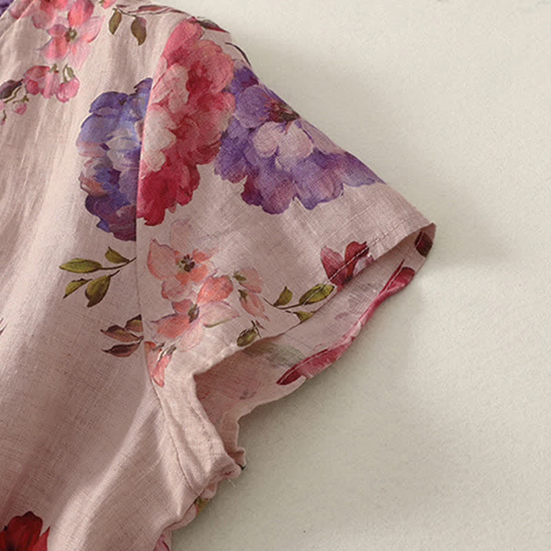 Buddha Stones Chemises à manches courtes pour femmes, style bohème décontracté d'été, à cordon de serrage, à motif floral pivoine et feuilles vertes - image 7