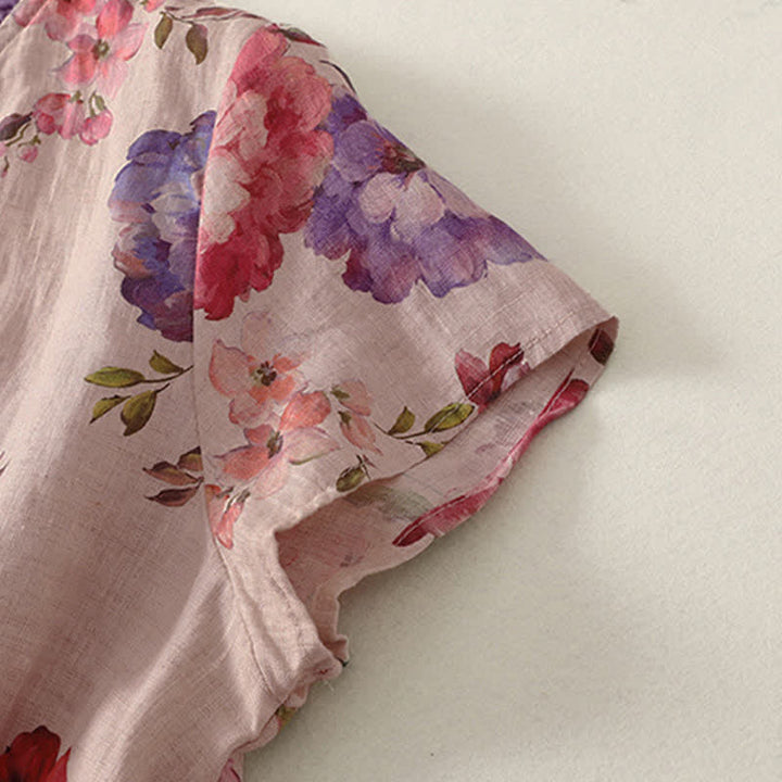 Buddha Stones Chemises à manches courtes pour femmes, style bohème décontracté d'été, à cordon de serrage, à motif floral pivoine et feuilles vertes - image 7