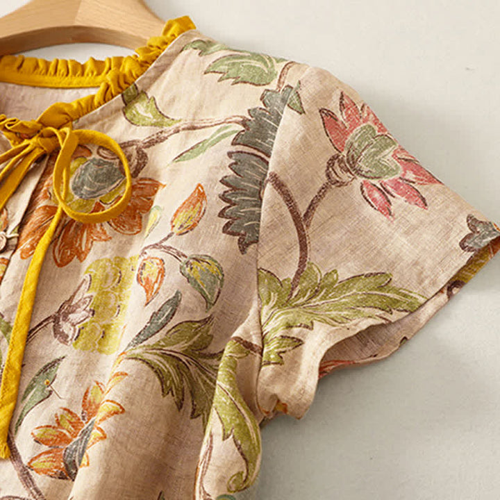 Buddha Stones Chemises à manches courtes pour femmes, style bohème décontracté d'été, à cordon de serrage, à motif floral pivoine et feuilles vertes - image 2