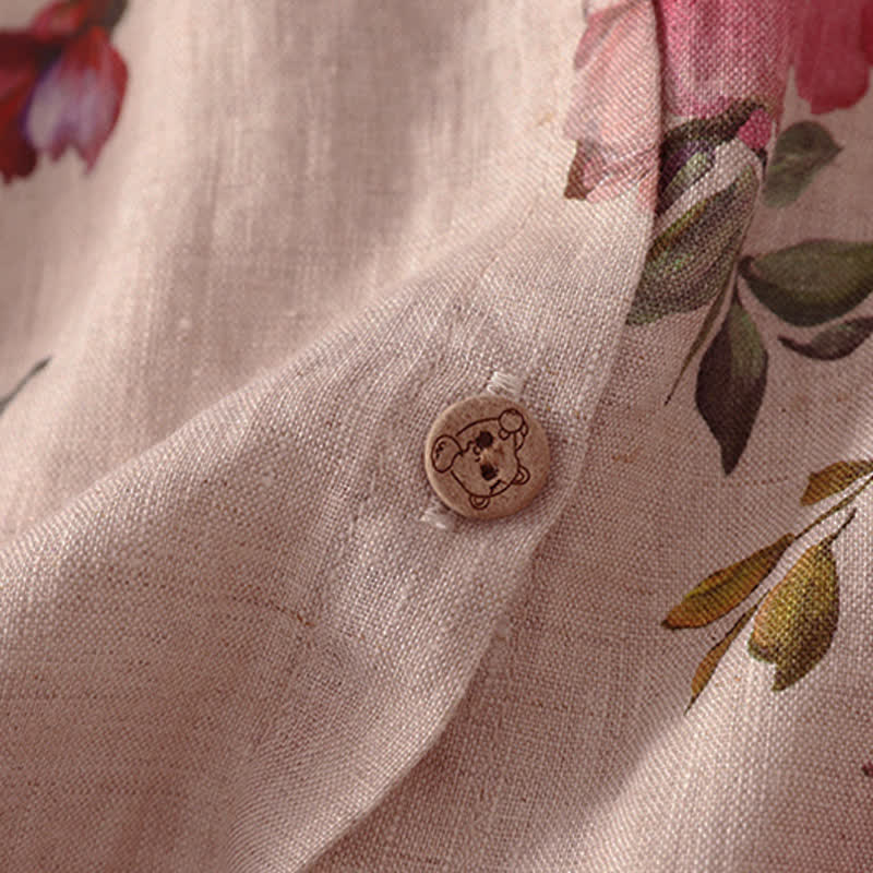 Buddha Stones Chemises à manches courtes pour femmes, style bohème décontracté d'été, à cordon de serrage, à motif floral pivoine et feuilles vertes - image 8