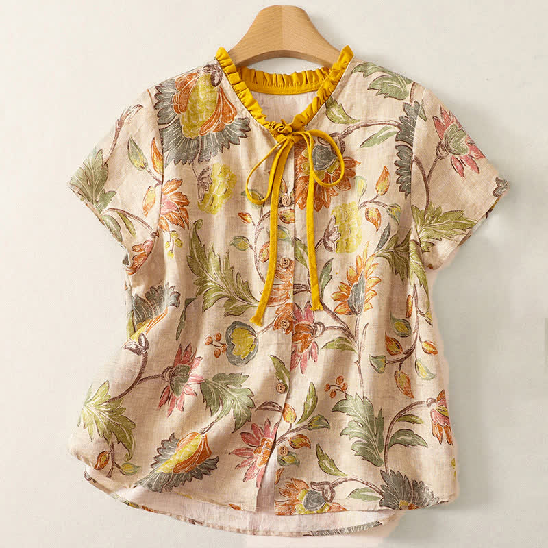 Buddha Stones Chemises à manches courtes pour femmes, style bohème décontracté d'été, à cordon de serrage, à motif floral pivoine et feuilles vertes - Jaune d'or pâle - US8-10，UK/AU12-14，EU40-42 (2XL) - image 0