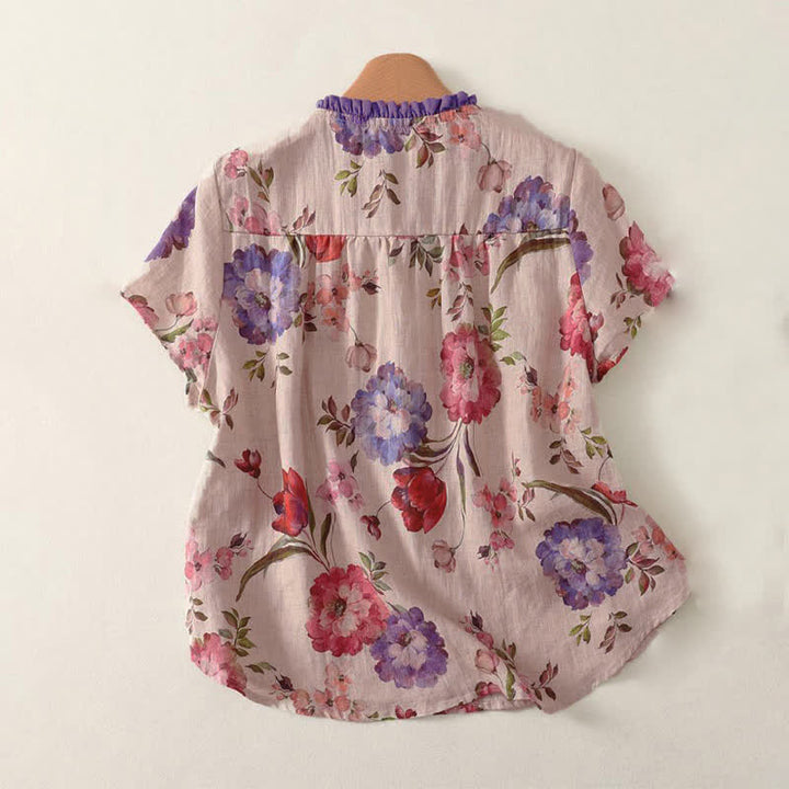 Buddha Stones Chemises à manches courtes pour femmes, style bohème décontracté d'été, à cordon de serrage, à motif floral pivoine et feuilles vertes - image 5