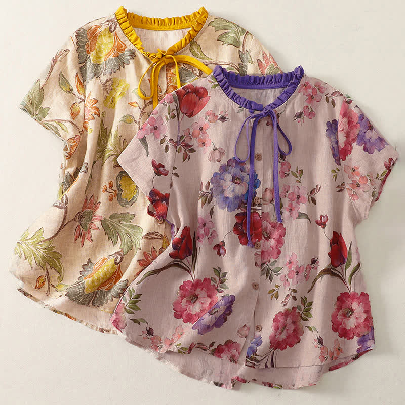 Buddha Stones Chemises à manches courtes pour femmes, style bohème décontracté d'été, à cordon de serrage, à motif floral pivoine et feuilles vertes - image 12