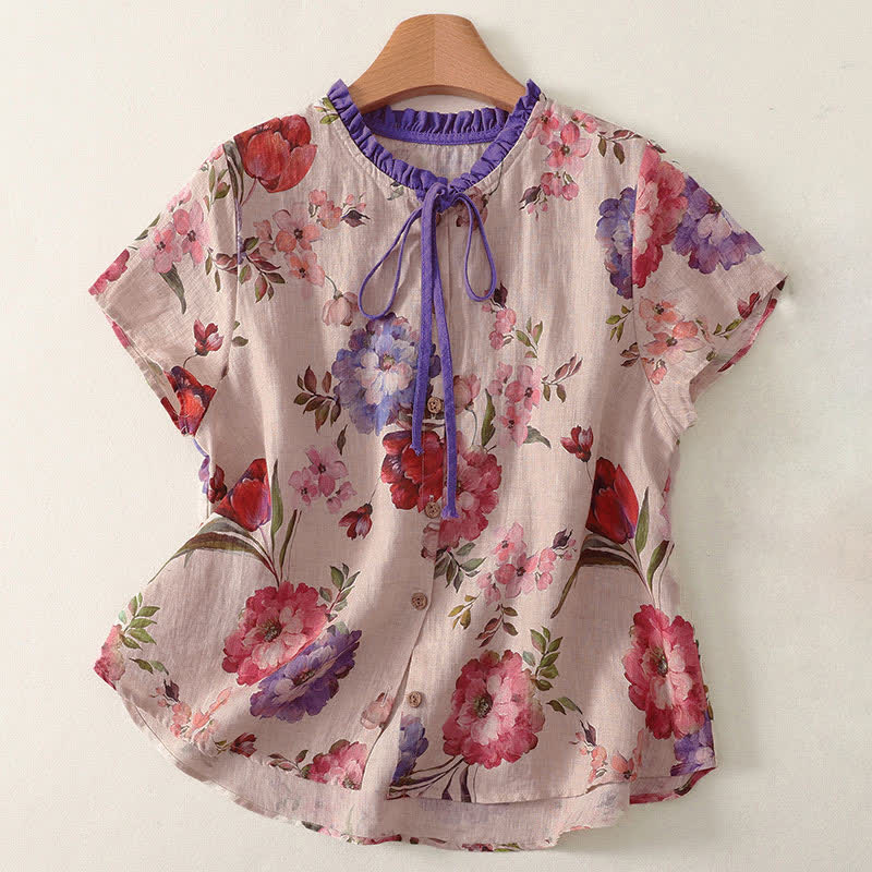 Buddha Stones Chemises à manches courtes pour femmes, style bohème décontracté d'été, à cordon de serrage, à motif floral pivoine et feuilles vertes - MistyRose - US8-10，UK/AU12-14，EU40-42 (2XL) - image 4