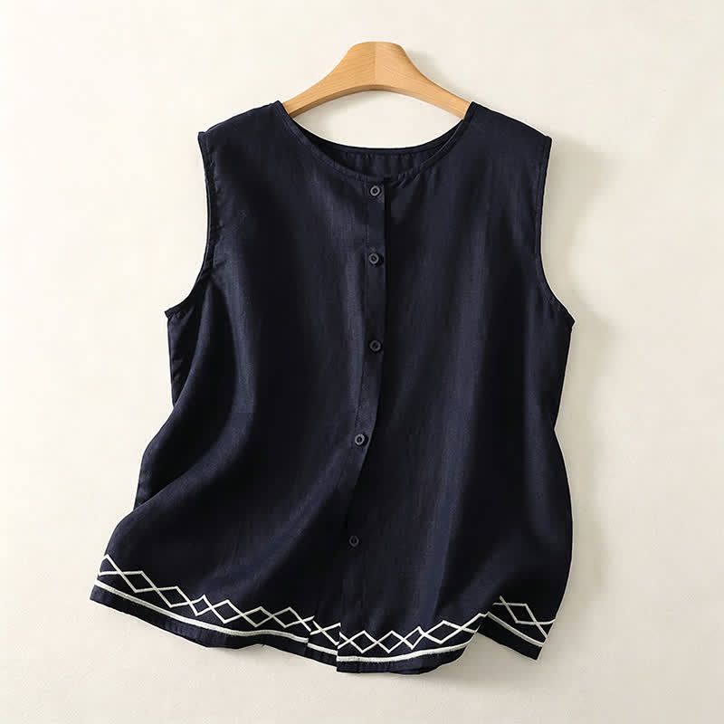 Buddha Stones Débardeur d'été minimaliste et décontracté à boutons pour femme, motif géométrique sans manches - Marine - US12, UK/AU16, EU44 (2XL) - image 3