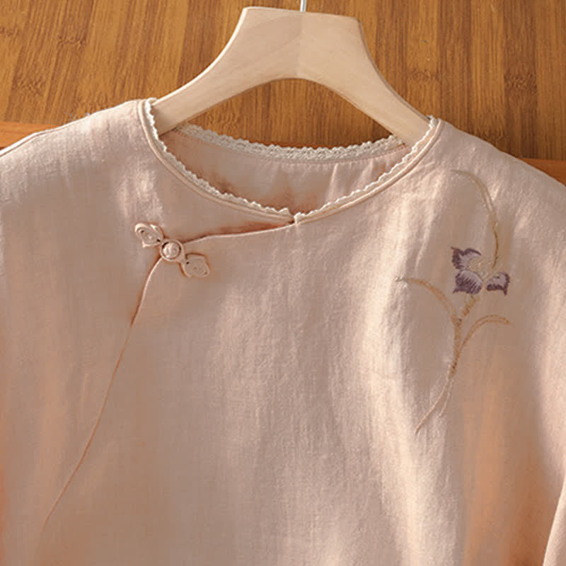 Buddha Stones Chemises à manches courtes pour femmes, style Tang, broderie vintage, bouton grenouille, motif floral, style été - image 1
