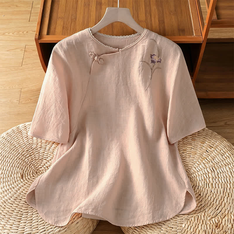 Buddha Stones Chemises à manches courtes pour femmes, style Tang, broderie vintage, bouton grenouille, motif floral, style été - Bisque - US8-10, UK/AU12-14, EU40-42 (2XL) - image 0