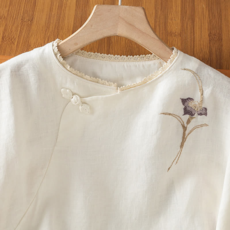 Buddha Stones Chemises à manches courtes pour femmes, style Tang, broderie vintage, bouton grenouille, motif floral, style été - image 9