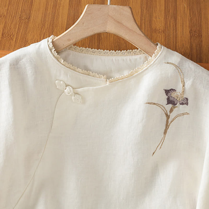Buddha Stones Chemises à manches courtes pour femmes, style Tang, broderie vintage, bouton grenouille, motif floral, style été - image 9