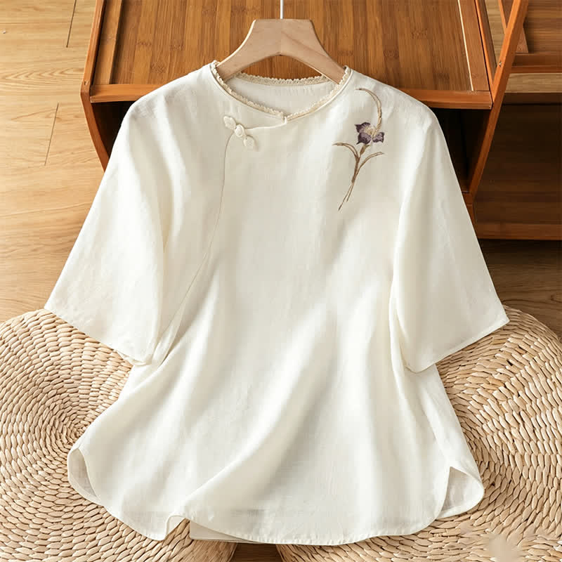 Buddha Stones Chemises à manches courtes pour femmes, style Tang, broderie vintage, bouton grenouille, motif floral, style été - Blanc - US8-10, UK/AU12-14, EU40-42 (2XL) - image 7