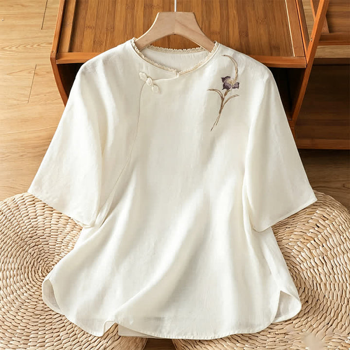 Buddha Stones Chemises à manches courtes pour femmes, style Tang, broderie vintage, bouton grenouille, motif floral, style été - Blanc - US8-10, UK/AU12-14, EU40-42 (2XL) - image 7