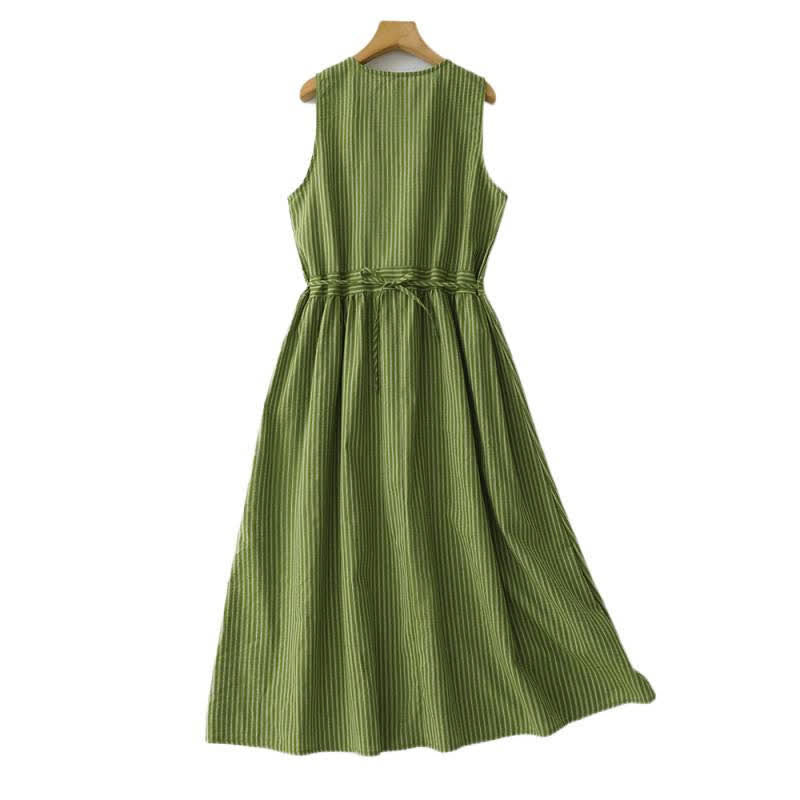 Buddha Stones Robe d'été élégante et décontractée à rayures vertes et col rond pour femme, sans manches - image 2