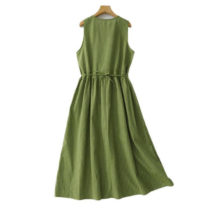 Buddha Stones Robe d'été élégante et décontractée à rayures vertes et col rond pour femme, sans manches - image 2