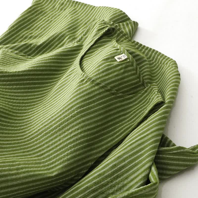 Buddha Stones Robe d'été élégante et décontractée à rayures vertes et col rond pour femme, sans manches - image 5