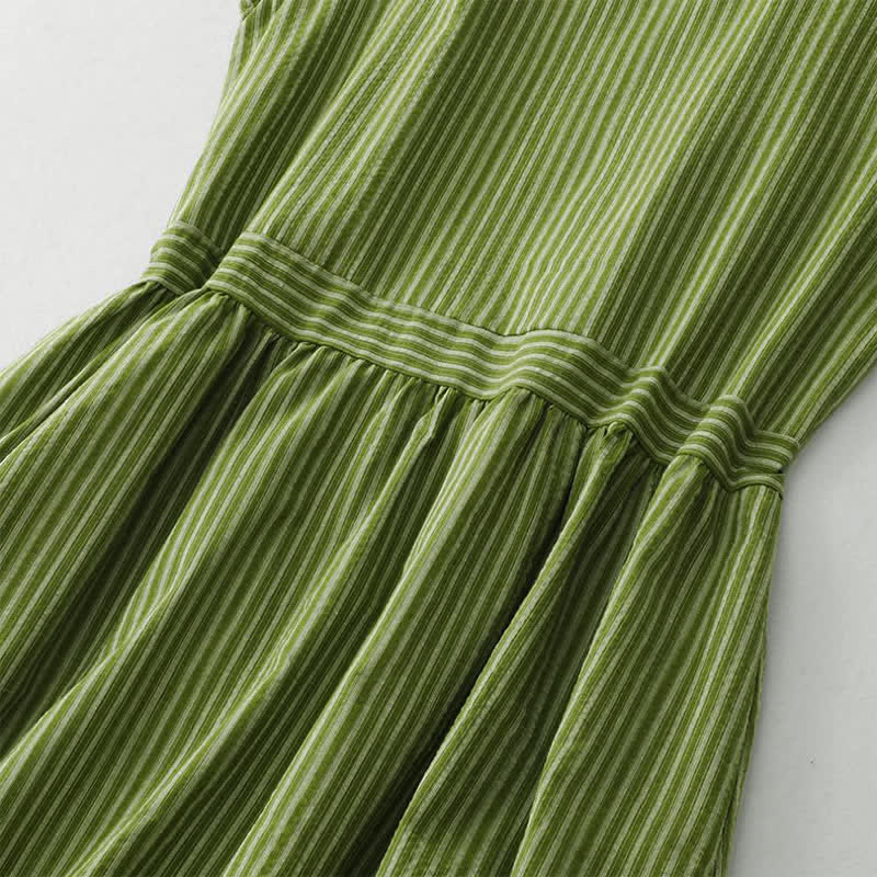 Buddha Stones Robe d'été élégante et décontractée à rayures vertes et col rond pour femme, sans manches - image 6