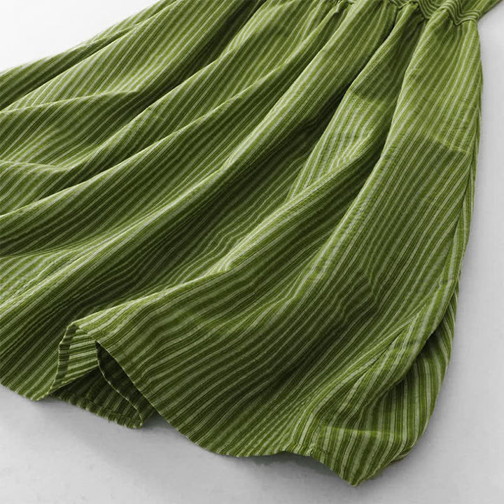 Buddha Stones Robe d'été élégante et décontractée à rayures vertes et col rond pour femme, sans manches - image 8
