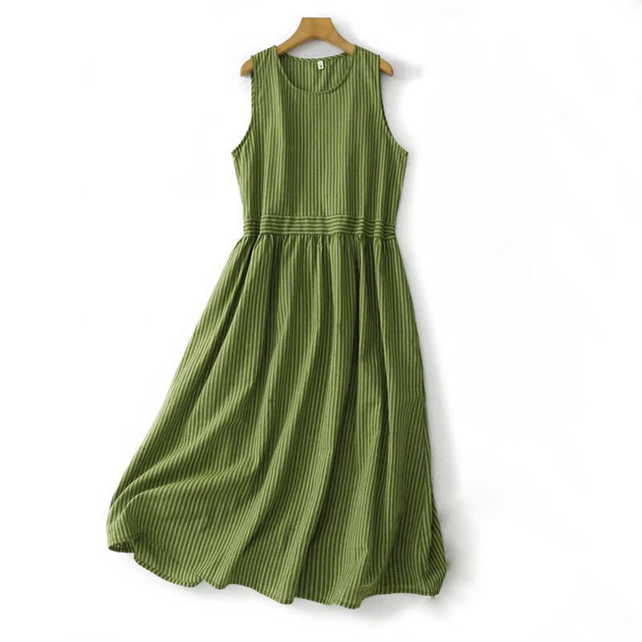 Buddha Stones Robe d'été élégante et décontractée à rayures vertes et col rond pour femme, sans manches - Vert foncé - US12, UK/AU16, EU44 (2XL) - image 0