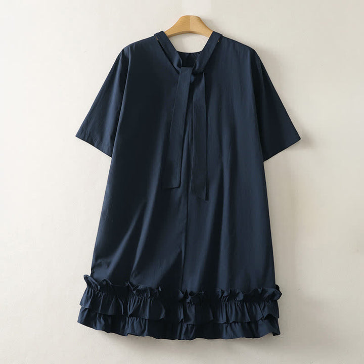 Buddha Stones Robe d'été élégante et décontractée à col noué et ourlet volanté, manches courtes, pour femme - Bleu nuit - US14, UK/AU18, EU46 (2XL) - image 0