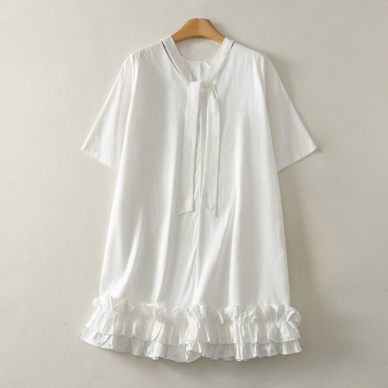 Buddha Stones Robe d'été élégante et décontractée à col noué et ourlet volanté, manches courtes, pour femme - Blanc - US14, UK/AU18, EU46 (2XL) - image 2