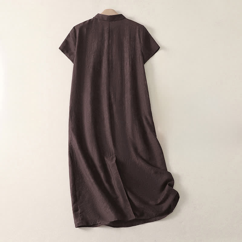 Buddha Stones Robe d'été minimaliste vintage à manches courtes, boutonnée, lacée et à poches pour femme - image 1