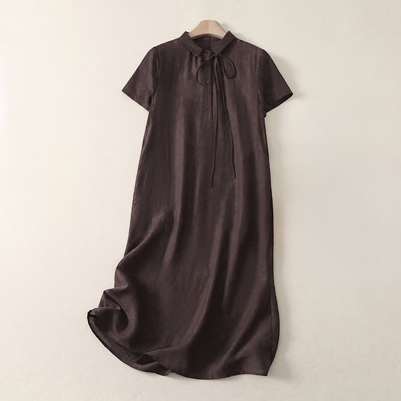 Buddha Stones Robe d'été minimaliste vintage à manches courtes, boutonnée, lacée et à poches pour femme - SaddleBrown - US14, UK/AU18, EU46 (2XL) - image 0