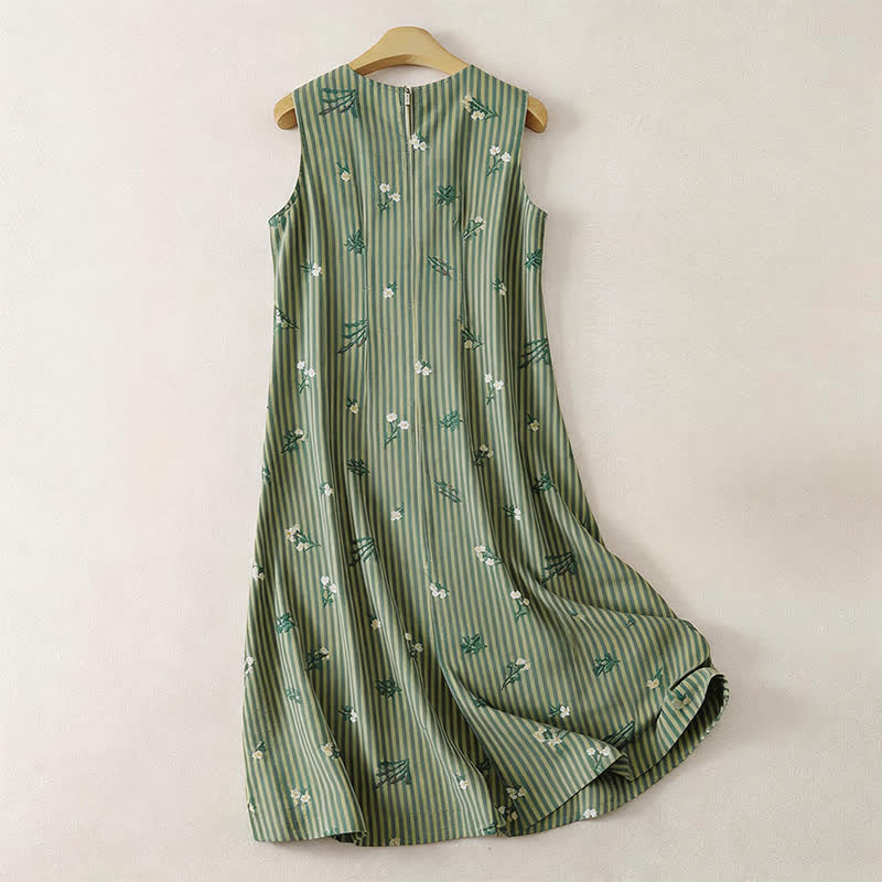Buddha Stones Robe d'été minimaliste à rayures vertes et petits motifs floraux, sans manches, pour femme. - image 1