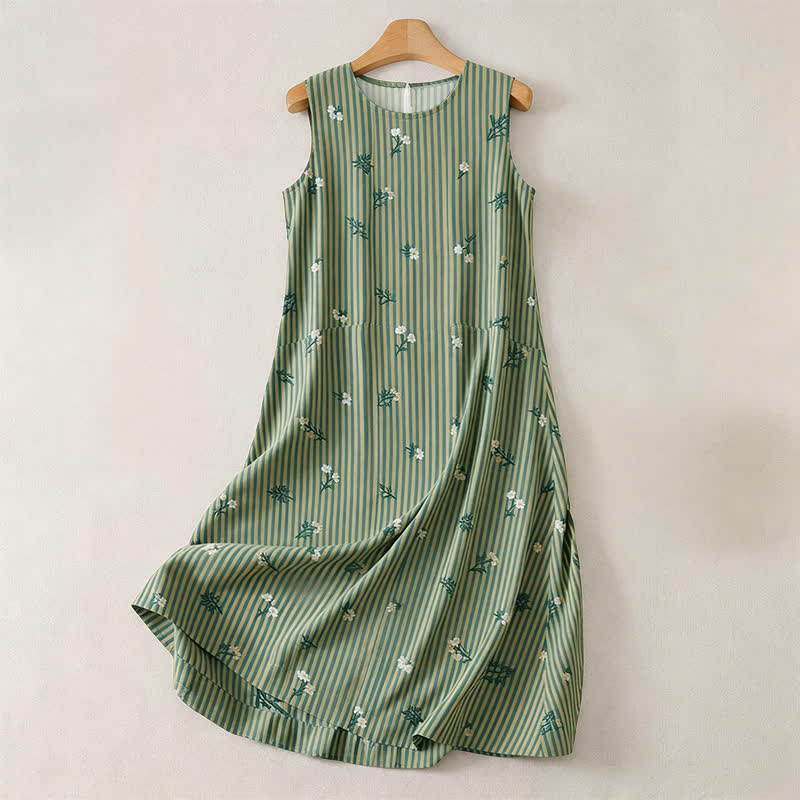 Buddha Stones Robe d'été minimaliste à rayures vertes et petits motifs floraux, sans manches, pour femme. - Vert foncé - US12, UK/AU16, EU44 (2XL) - image 0