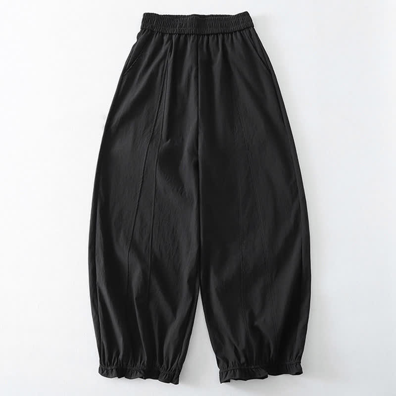 Buddha Stones Pantalon harem minimaliste d'été à ourlet volanté uni, longueur cheville, avec poches - Noir - US8-10, UK/AU12-14, EU40-42 (2XL) - image 6