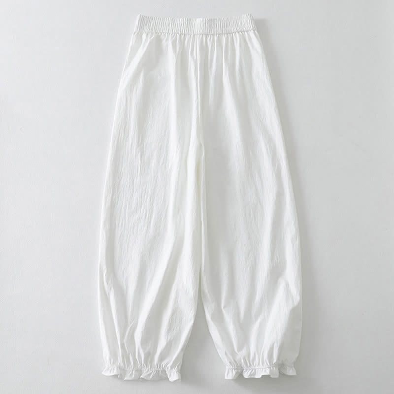Buddha Stones Pantalon harem minimaliste d'été à ourlet volanté uni, longueur cheville, avec poches - image 13