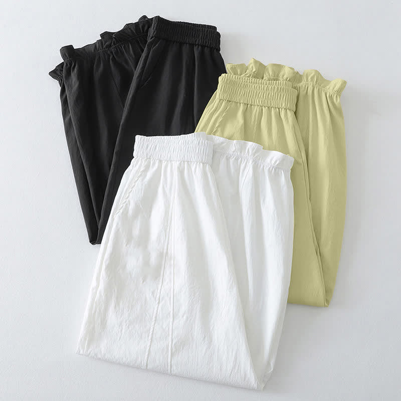 Buddha Stones Pantalon harem minimaliste d'été à ourlet volanté uni, longueur cheville, avec poches - image 21