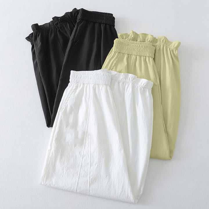 Buddha Stones Pantalon harem minimaliste d'été à ourlet volanté uni, longueur cheville, avec poches - image 21