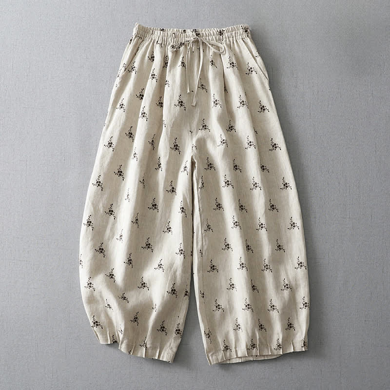 Buddha Stones Pantalon harem d'été décontracté vintage à cordon de serrage, à pois et à fleurs, avec poches - Neige - US8-10，UK/AU12-14，EU40-42 (2XL) - image 0